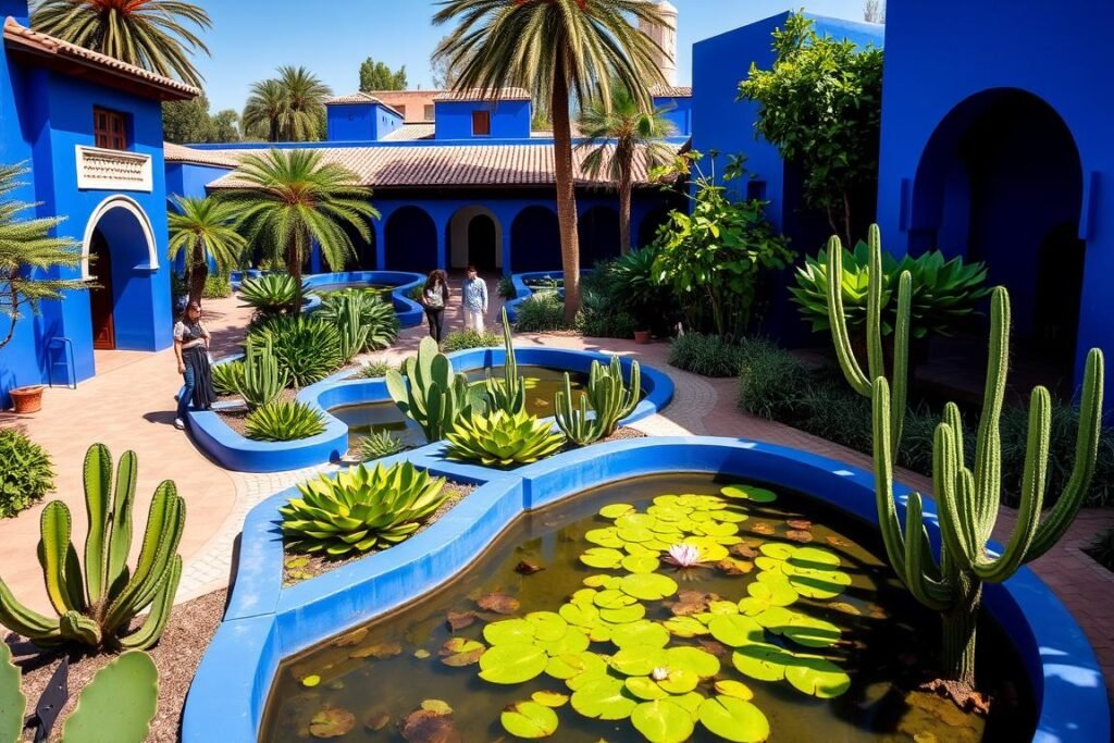 Jardin Majorelle avec ses couleurs vives et plantes exotiques à Marrakech
